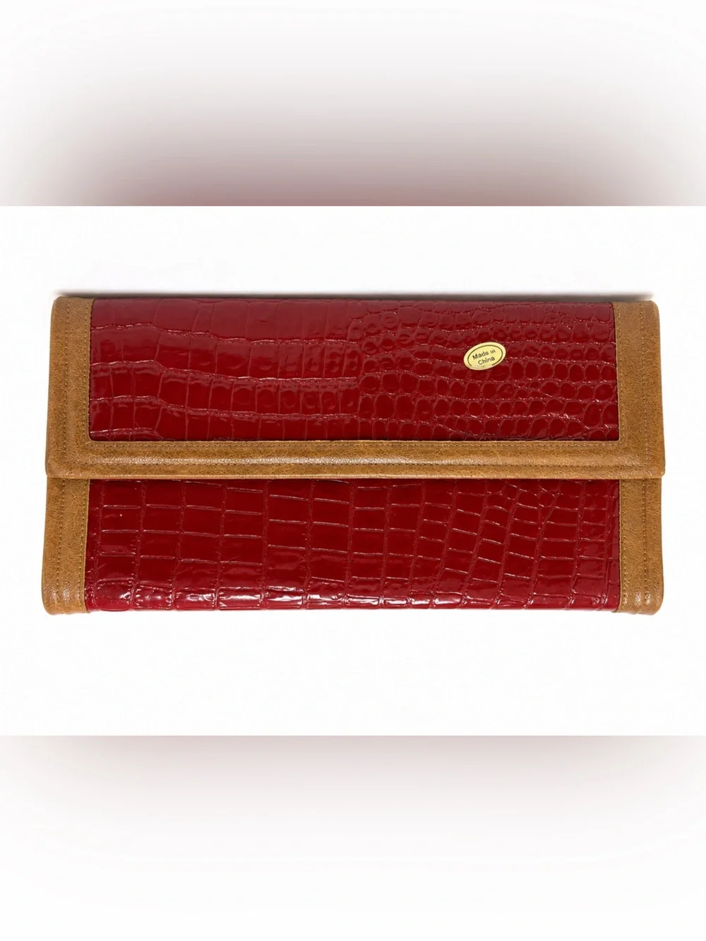 Red Black Crocodile Embossed Leather Checkbook Wallet Brown Trim